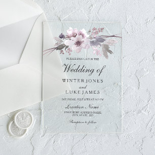 Invitations En Acrylique Élégant Mariage floral d'hiver violet gris