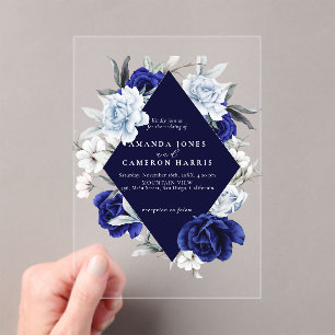 Invitations En Acrylique Elégant Mariage floral Dusty Blue Navy