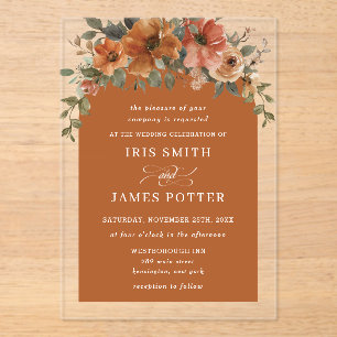 Invitations En Acrylique Élégant Mariage floral en cuivre de rouille orange