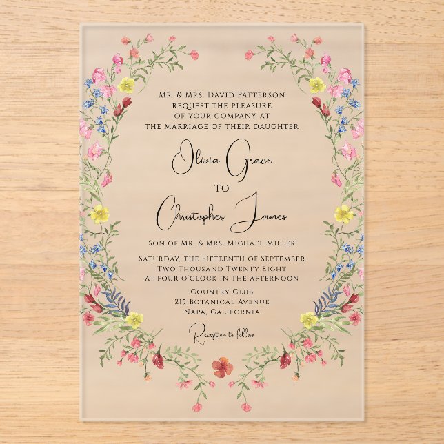 Invitations En Acrylique Elégant Mariage floral romantique (Recto)