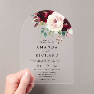 Invitations En Acrylique Élégant Mariage floral rose-bleu bordeaux