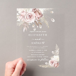 Invitations En Acrylique Élégant Mariage Floral Rose Poussiéreux
