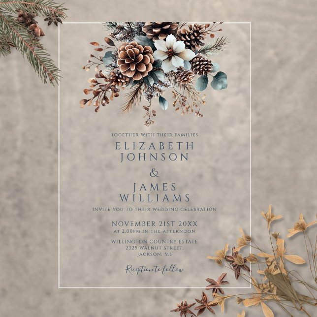 Invitations En Acrylique Élégant Mariage floral rustique Pinecone (Elegant Rustic Floral Pinecone Wedding Acrylic Invitations)
