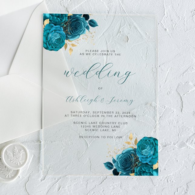 Invitations En Acrylique Élégant Mariage Floral Turquoise Gold Script (Créateur téléchargé)