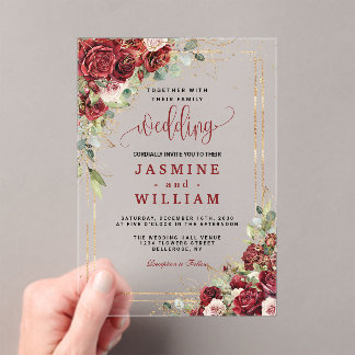 Invitations En Acrylique Elégant mariage géométrique rouge roux rouge borde