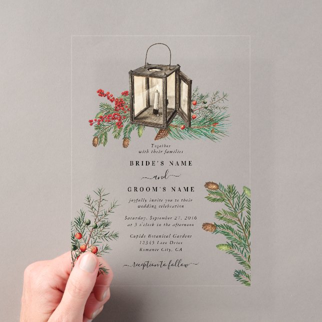 Invitations En Acrylique Élégant Mariage Hiver Rustique Pins Lanterne (In situ (ordinateur de poche))