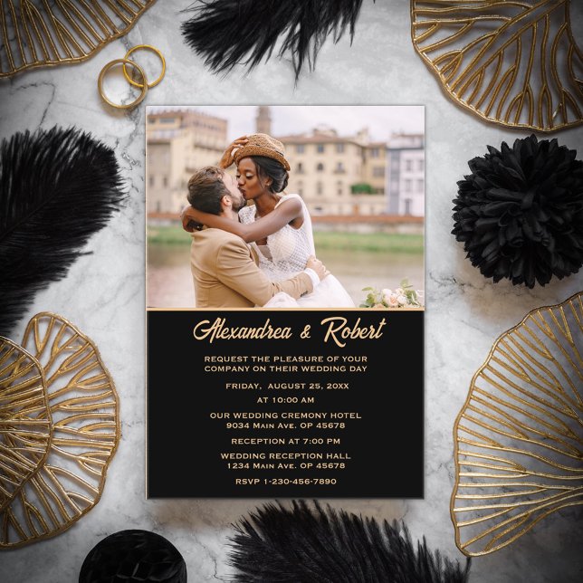 Invitations En Acrylique Elégant Mariage moderne photo or noir (Elegant Modern Photo Gold Black Wedding Acrylic Invitations for your guest.)