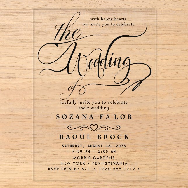 Invitations En Acrylique Élégant Mariage Moderne Script (Recto)