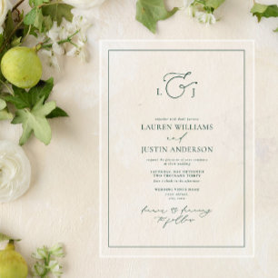 Invitations En Acrylique Élégant Mariage Monogramme Calligraphié Vert Émera