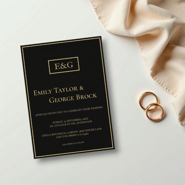 Invitations En Acrylique Élégant Mariage Monogramme Noir Et Or Moderne (Créateur téléchargé)