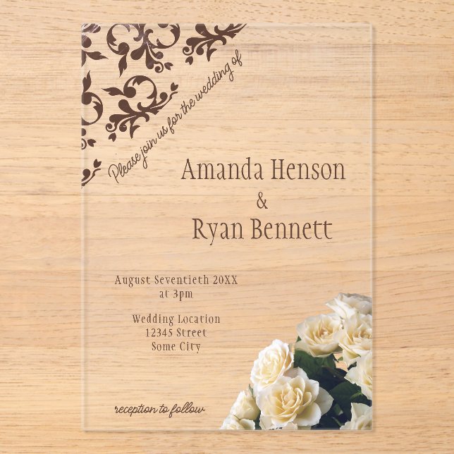 Invitations En Acrylique Élégant Mariage Motif Rose Jaune Roccoco (Recto)