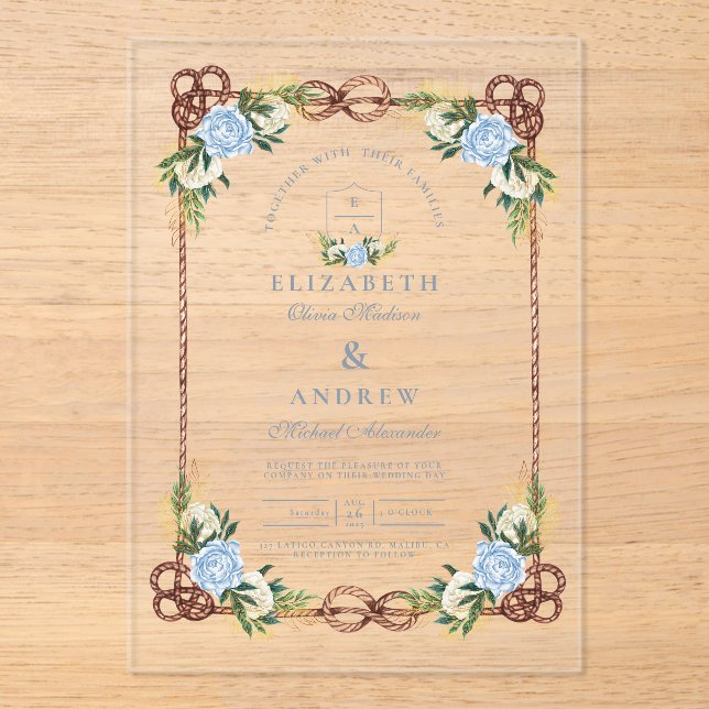 Invitations En Acrylique Elégant Mariage nautique floral (Recto)