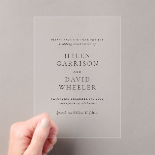Invitations En Acrylique Élégant mariage noir et blanc, carte de sauvegarde