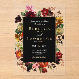 Invitations En Acrylique Élégant mariage noir fleurs sombres humeur