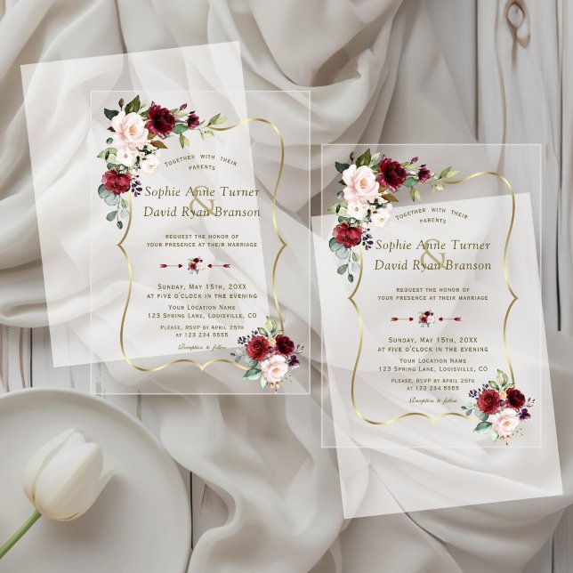 Invitations En Acrylique Élégant Mariage or de fleurs roses de Bourgogne (Créateur téléchargé)