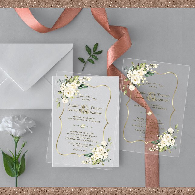 Invitations En Acrylique Élégant Mariage Or Fleurs blanches délicates (Créateur téléchargé)