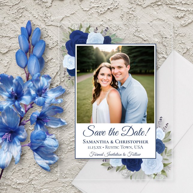 Invitations En Acrylique Elégant mariage Rose bleu Enregistrer la date Phot (Clear Acrylic with Rectangle Cut)