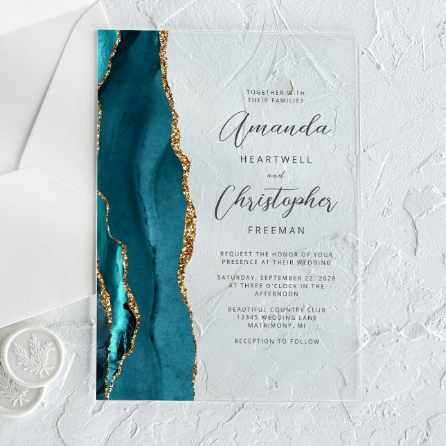 Invitations En Acrylique Élégant Mariage Script Agate Or Saphyrin (Créateur téléchargé)