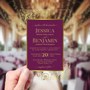 Invitations En Acrylique Élégant Mariage Texte Style Magenta Plum & Or