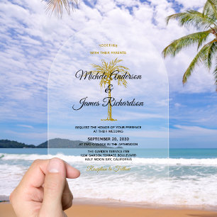 Invitations En Acrylique Élégant Mariage Tropical Gold Palm Tree