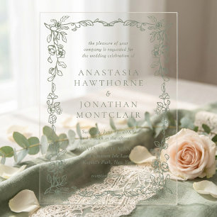 Invitations En Acrylique Élégant Mariage Vert Sauge Vintage Victorien