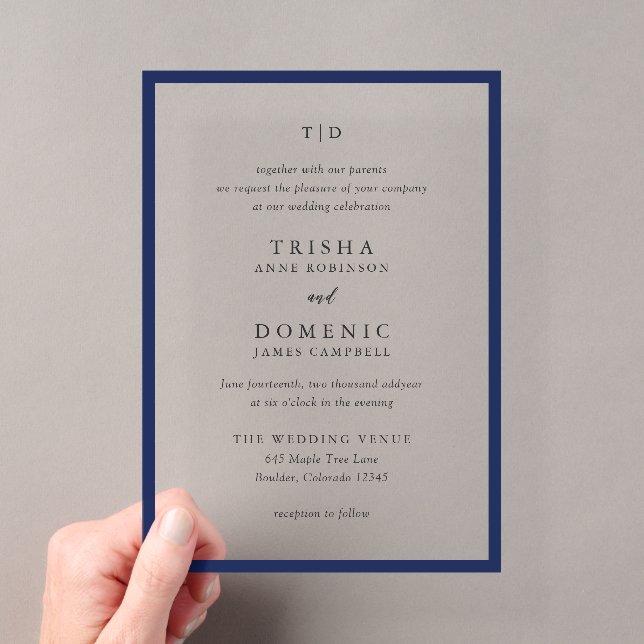 Invitations En Acrylique Élégant Marine bleu Monogramme Mariage moderne (In situ (ordinateur de poche))