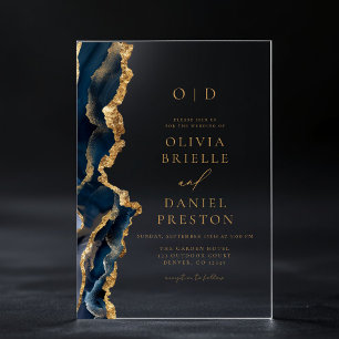 Invitations En Acrylique Élégant Marine Blue Gold Agate Mariage Monogramme