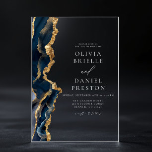 Invitations En Acrylique Élégant Marine Blue Gold Agate Mariage Monogramme