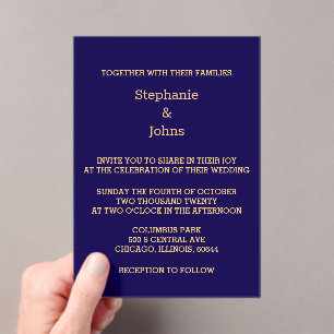 Invitations En Acrylique Élégant Marine Blue Gold Script Cool moderne Maria