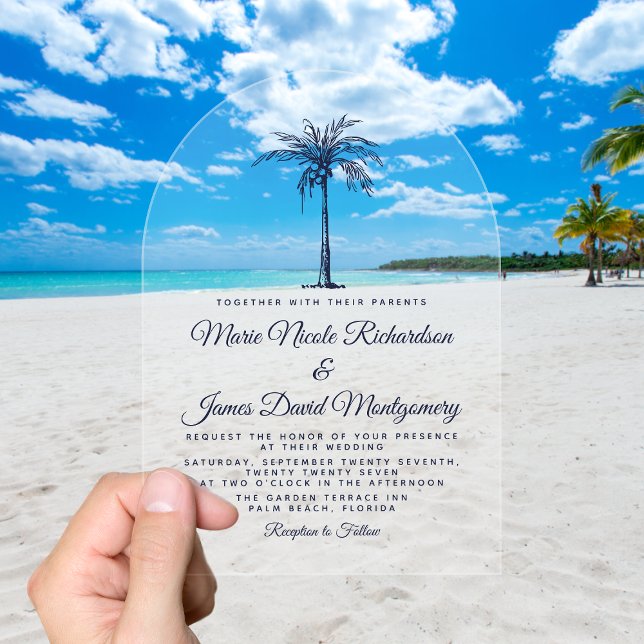Invitations En Acrylique Elégant Marine Blue Palm Plage Formelle Mariage (Elegant Tropical Navy Blue Palm Formal Beach Wedding Acrylic Invitations)
