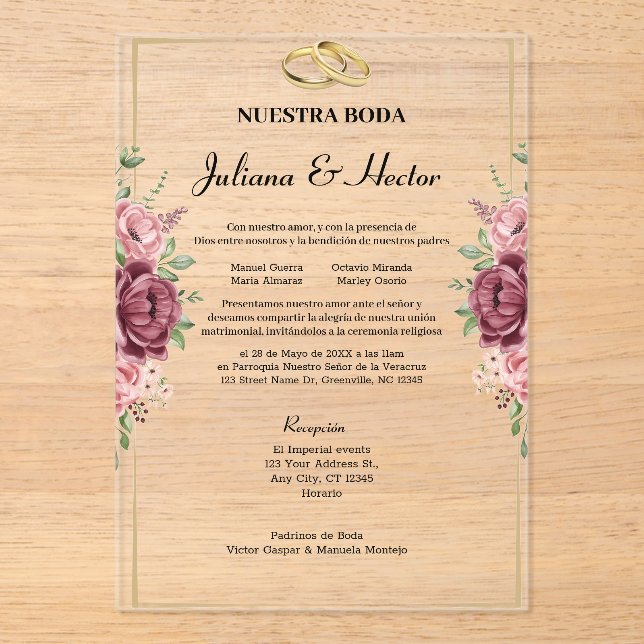 Invitations En Acrylique Elegant Maroon and Gold Floral Wedding (Recto)