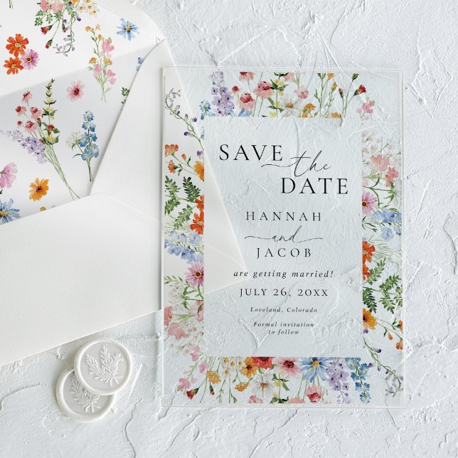 Invitations En Acrylique Elegant Meadow Wildflower Wedding Save the Date (Créateur téléchargé)