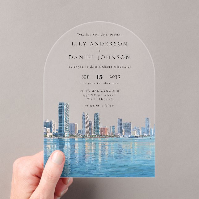 Invitations En Acrylique Elegant Miami Skyline Watercolor Wedding Arch (In situ (ordinateur de poche))