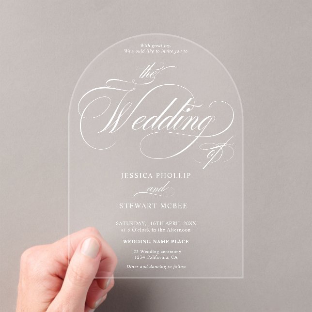 Invitations En Acrylique Élégant minimal chic Script mariage blanc sur clai (In situ (ordinateur de poche))