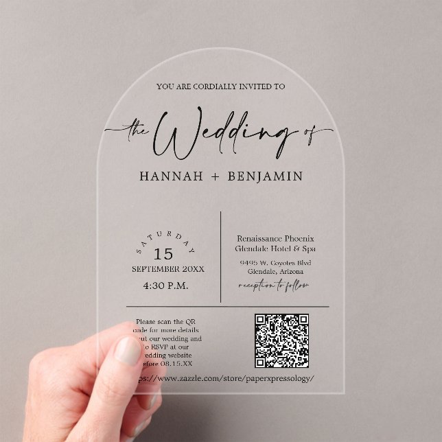Invitations En Acrylique Élégant minimal de script Mariage Arch QR Code (In situ (ordinateur de poche))