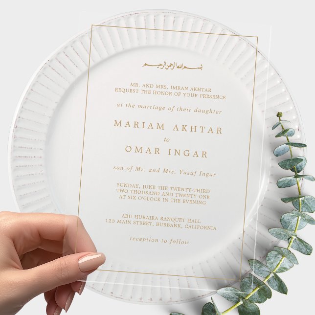 Invitations En Acrylique Elegant Minimalist Border Gold Muslim Wedding (Créateur téléchargé)