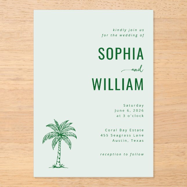 Invitations En Acrylique Elegant Mint Palm Tree (Recto)