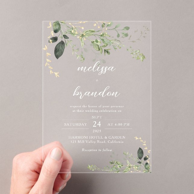 Invitations En Acrylique Elégant moderne Gold Green Mariage Eucalyptus (In situ (ordinateur de poche))