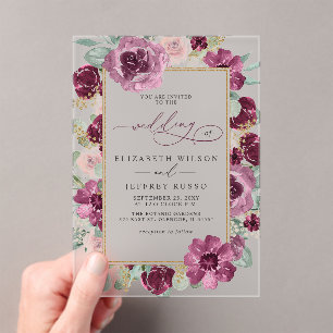 Invitations En Acrylique Élégant moderne Plum or Botanique Mariage floral