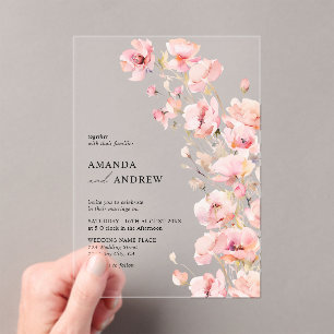 Invitations En Acrylique Élégant Moderne Rose Pâle Floral Photo Mariage