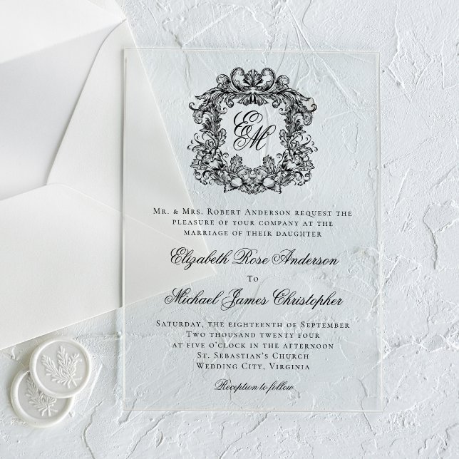 Invitations En Acrylique Élégant Monogram Crest Mariage officiel (Créateur téléchargé)