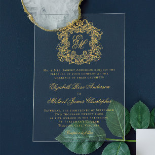 Invitations En Acrylique Élégant Monogram Crest Script Mariage Faux Gold