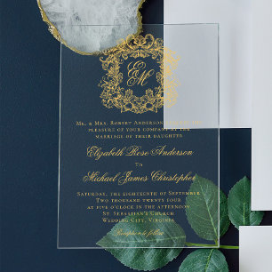 Invitations En Acrylique Élégant Monogram Crest Script Mariage Faux Gold