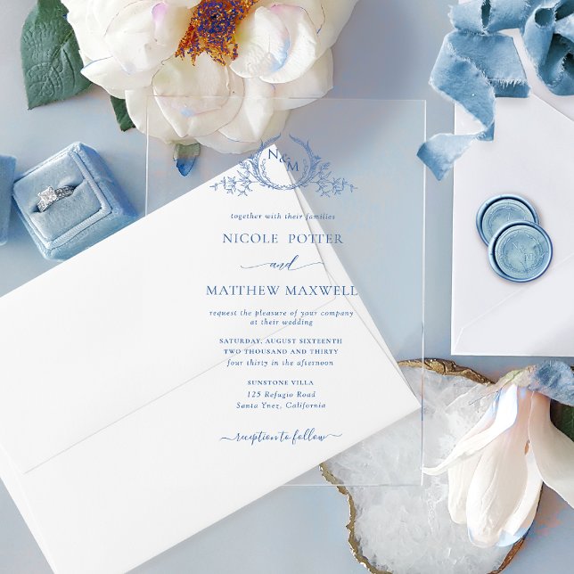 Invitations En Acrylique Élégant monogramme de couronne royale bleu (Créateur téléchargé)