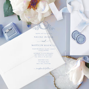 Invitations En Acrylique Élégant monogramme de couronne royale bleu Dusty