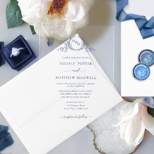 Invitations En Acrylique Élégant monogramme de couronne royale bleu marine