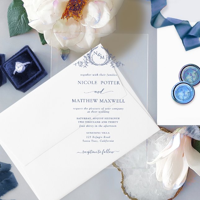 Invitations En Acrylique Élégant monogramme de couronne royale bleu marine (Créateur téléchargé)