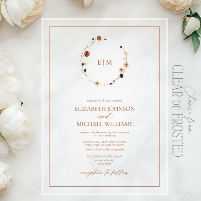 Invitations En Acrylique Élégant Monogramme de Fleurs Orange Brûlée pour Ma (Créateur téléchargé)