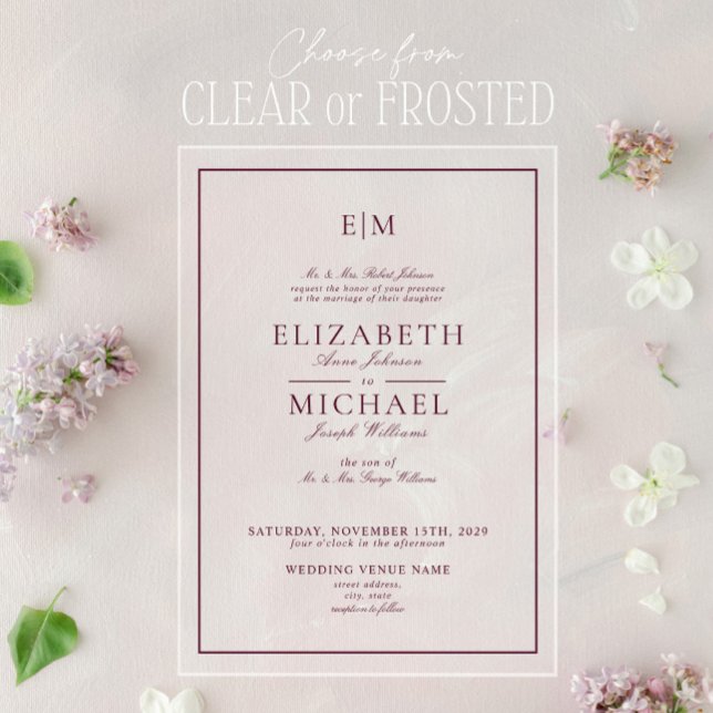 Invitations En Acrylique Élégant Monogramme de Mariage en Bourgogne Script  (Créateur téléchargé)