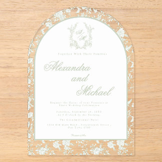 Invitations En Acrylique Élégant monogramme floral Toile de sage vert